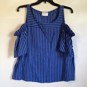 Everly Cold Shoulder Royal Blue Stripe Top Size Medium Ruffle Short Sleeve